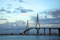 Sunset over the bridge of the Constitution, called La Pepa, in the bay of CÃÂ¡diz, Andalusia. Spain.