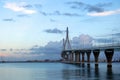 Sunset over the bridge of the Constitution, called La Pepa, in the bay of CÃÂ¡diz, Andalusia. Spain.