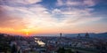 Sunset over bridges through river Arno in Florence, Italy