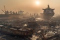 Sunset over a bustling shipbreaking yard with colossal vessels Royalty Free Stock Photo