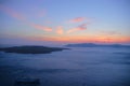 Sunset over the caldera seen from Fira, Santorini, Greece with cruise ship Royalty Free Stock Photo