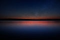 Sunset over Calm Lake with Real Stars in Dark Sky