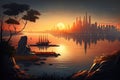 sunset over the calm waters of a tranquil cove, with a city skyline in the distance Royalty Free Stock Photo