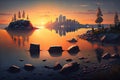 sunset over the calm waters of a tranquil cove, with a city skyline in the distance Royalty Free Stock Photo