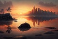 sunset over the calm waters of a tranquil cove, with a city skyline in the distance Royalty Free Stock Photo