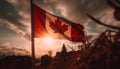 Sunset over Canadian landscape, flag waving proudly generated by AI