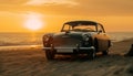 Sunset over the Caribbean coastline, an old fashioned vintage car driving generated by AI