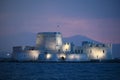 Sunset over the castle Bourtzi in Nafplio Royalty Free Stock Photo