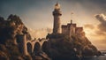 sunset over the castle A fantasy lighthouse in a medieval castle, with banners,