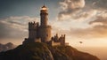 sunset over the castle A fantasy lighthouse in a medieval castle,