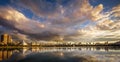 Sunset over Central Park Reservoir and Manhattan, New York.