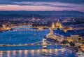 Sunset over the Chain Bridge and the Hungarian Parliament Royalty Free Stock Photo