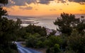 Sunset over Chania and hilly road, Crete Royalty Free Stock Photo