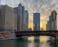 Sunset over Chicago River with altocumulus cloudscape Royalty Free Stock Photo