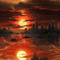 Sunset over cities with urban grittiness and apocalypse atmosphere (tiled