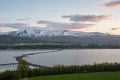 Sunset over city of Akureyri in Iceland