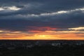 Sunset over the city. All shades of the palette are red yellow orange and blue. Royalty Free Stock Photo