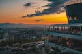 Sunset over the city of Almaty and a view of the Kok Tobe TV Tower