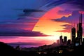 Sunset over the city. Illustration. Digital painting style.