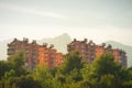 Sunset over the city with mountains in the background (Antalya, Turkey) - Turkish public housing Royalty Free Stock Photo