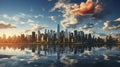 Sunset over city skyline with reflections in water, iconic tower and bridge in view.