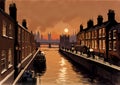 sunset over city street, Thames river, warm lantern lighting, light brown wall, chimneys, docks