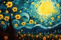 Sunset over the city with sunflowers. Digital painting, Van Goghs painting of sunflowers under a starry, AI Generated Royalty Free Stock Photo