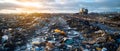 Sunset Over Cleanup: Backhoe at Work on Landfill. Concept Landfill Cleanup, Backhoe Operation,