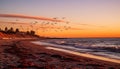 Sunset over the coastline, seagulls flying, sand reflecting twilight beauty generated by AI