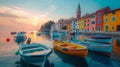 Sunset Over Colorful Marina in Piran Town with Boats and Buoys