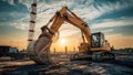Sunset Over Construction: Excavator at Work. Concept Industrial, Construction, Sunset, Excavator, Royalty Free Stock Photo
