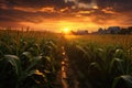 Sunset over corn field with small village on the background in summer, Recreation artistic of maizefield with maize plants at Royalty Free Stock Photo