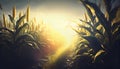 Sunset over corn field, sun light on a skyline, agriculture plantation land, panoramic view. Generative AI Royalty Free Stock Photo