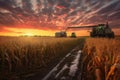 sunset over cornfields with harvest equipment