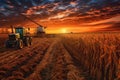 sunset over cornfields with harvest equipment