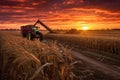 sunset over cornfields with harvest equipment