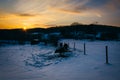 Sunset over cows in a snow-covered farm field in Carroll County Royalty Free Stock Photo