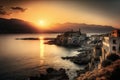 sunset over crete coastline with city skyline in the distance Royalty Free Stock Photo