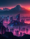 Sunset Over Cyber City Neon Symbols, Sky keepers, and Smog in the Mountain Metropolis