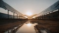 sunset over damaged solar farm Royalty Free Stock Photo
