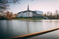 Sunset over danish castle in lake Royalty Free Stock Photo