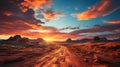 A sunset over a desert. Generative AI. Royalty Free Stock Photo