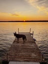 Sunset over a dock with a dog on it on Child`s Lake in Duck Mountain Provincial Park, Manitoba, Canada Royalty Free Stock Photo