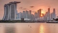 Sunset over the downtown skyline of Singapore as viewed from across the water from The Garden East timelapse. Singapore. Royalty Free Stock Photo