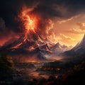 Sunset Over an Explosive Volcano with Magma Running Down the Side and Woods on Fire Royalty Free Stock Photo