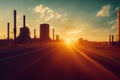 a sunset over a factory with a road going through it and a few smoke stacks in the distance with the sun shining Royalty Free Stock Photo