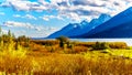 Sunset over fall colored Landscape, the Teton Mountain Range and Jackson Lake in Grand Teton National Park