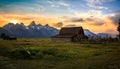 Sunset Over Famous Barn at Grand Teton National Park Royalty Free Stock Photo