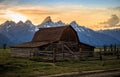 Sunset Over Famous Barn at Grand Teton National Park Royalty Free Stock Photo