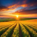 Sunset over the field Captivating majestic landscape with stunning light and rolling colorful